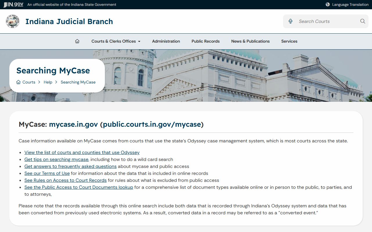 Indiana MyCase help page for Decatur County court records after jail arrest